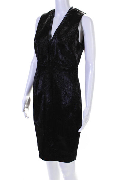 Elie Tahari Womens Metallic Black V-Neck Zip Back Sleeveless Shift Dress Size 6