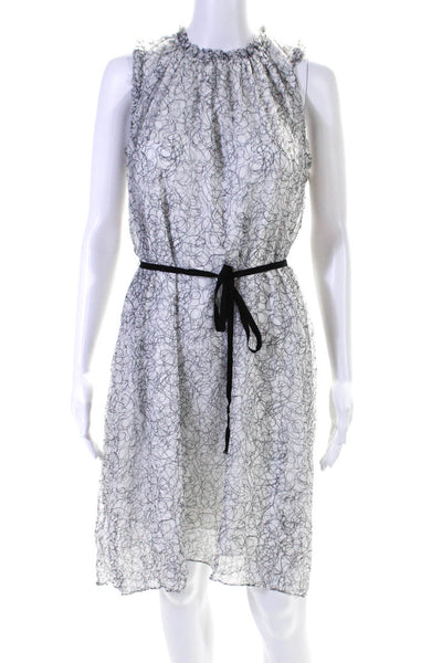 Elie Tahari Womens White Silk Printed Ruffle Belt Sleeveless Shift Dress Size S