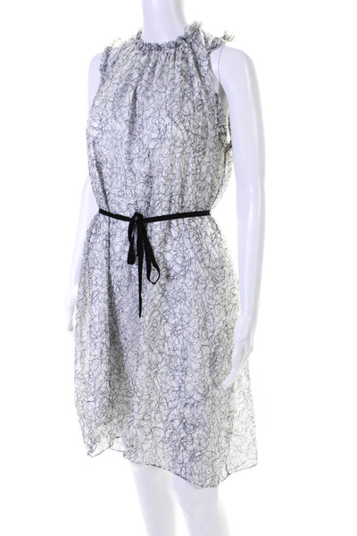 Elie Tahari Womens White Silk Printed Ruffle Belt Sleeveless Shift Dress Size S