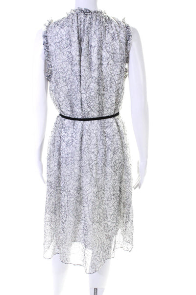 Elie Tahari Womens White Silk Printed Ruffle Belt Sleeveless Shift Dress Size S