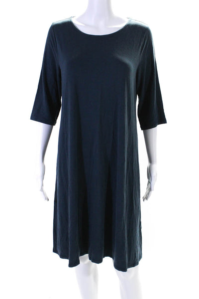 Eileen Fisher Womens 3/4 Sleeve Scoop Neck Shirt Dress Blue Size Medium