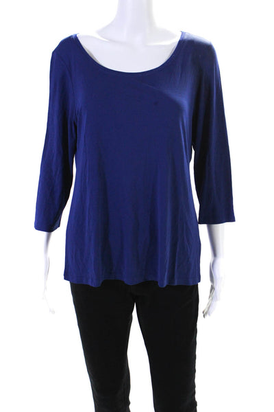 Eileen Fisher Womens 3/4 Sleeve Scoop Neck Silk Knit Shirt Blue Size Medium