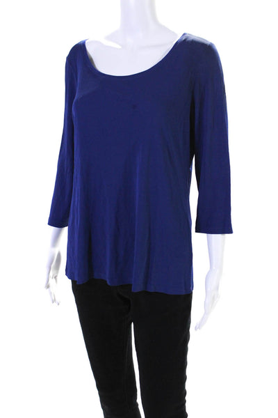 Eileen Fisher Womens 3/4 Sleeve Scoop Neck Silk Knit Shirt Blue Size Medium