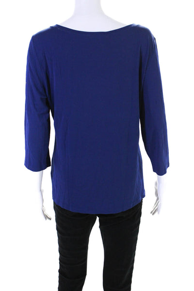 Eileen Fisher Womens 3/4 Sleeve Scoop Neck Silk Knit Shirt Blue Size Medium