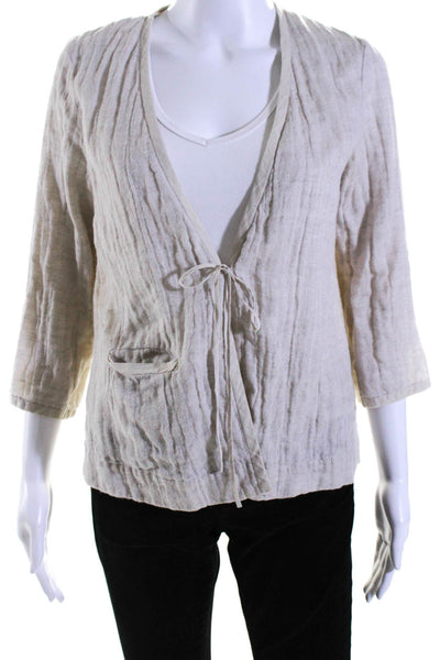 Eileen Fisher Womens Linen Striped Trimmed Textured Tied Wrap Top Beige Size L