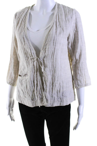 Eileen Fisher Womens Linen Striped Trimmed Textured Tied Wrap Top Beige Size L