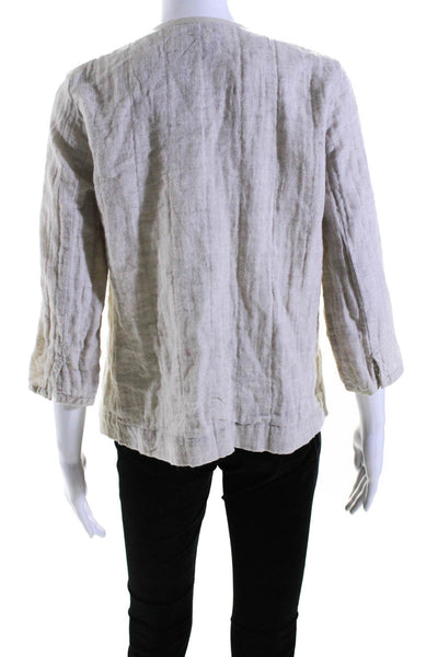 Eileen Fisher Womens Linen Striped Trimmed Textured Tied Wrap Top Beige Size L