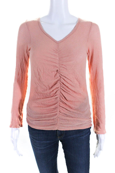 Sundry Womens Cotton Ruched Front Long Sleeve V-Neck Shirt Top Light Pink Size 1