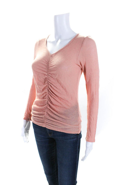 Sundry Womens Cotton Ruched Front Long Sleeve V-Neck Shirt Top Light Pink Size 1