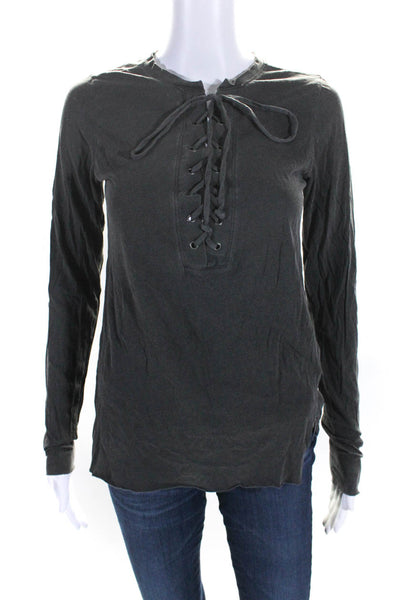 NSF Womens Cotton Jersey Knit Long Sleeve Lace Up Crewneck Shirt Gray Size PP