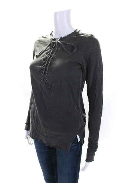 NSF Womens Cotton Jersey Knit Long Sleeve Lace Up Crewneck Shirt Gray Size PP