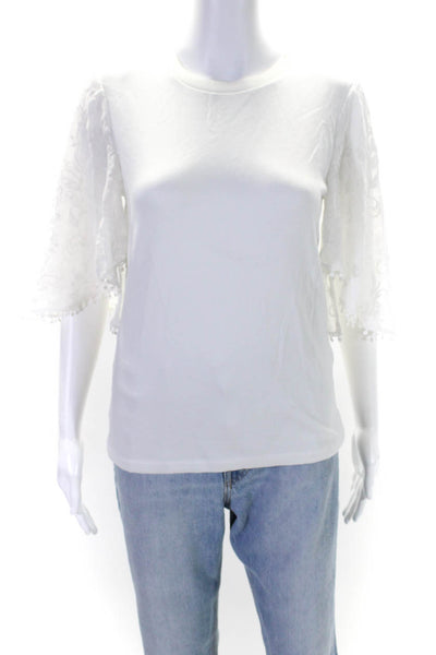 Elie Tahari Womens White Crew Neck Lace Bell Short Sleeve Blouse Top Size S