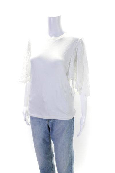 Elie Tahari Womens White Crew Neck Lace Bell Short Sleeve Blouse Top Size S