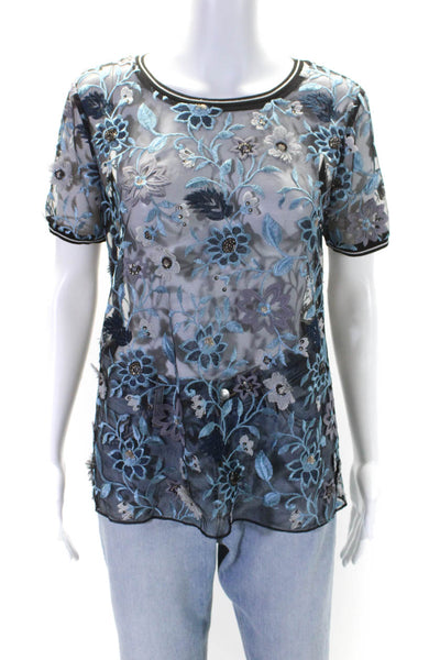 Elie Tahari Womens Blue Floral Print Embroidered Short Sleeve Blouse Top Size S