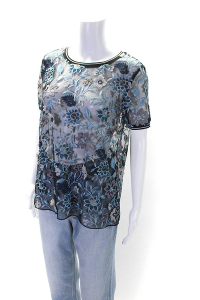 Elie Tahari Womens Blue Floral Print Embroidered Short Sleeve Blouse Top Size S