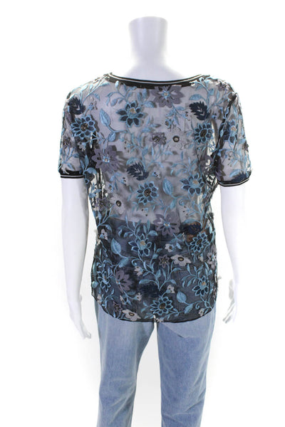 Elie Tahari Womens Blue Floral Print Embroidered Short Sleeve Blouse Top Size S