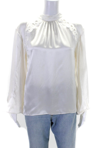 Elie Tahari Womens White High Neck Printed Long Sleeve Blouse Top Size S