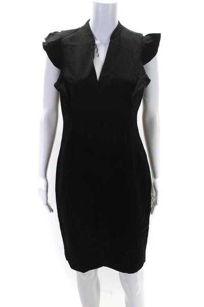 Elie Tahari Womens Black V-Neck Ruffle Zip Back Sleeveless Shift Dress Size 6