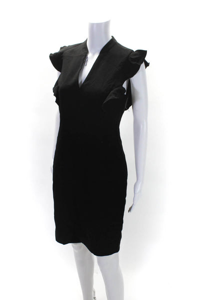 Elie Tahari Womens Black V-Neck Ruffle Zip Back Sleeveless Shift Dress Size 6