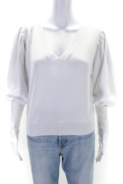 Anne Fernandes Womens Long Sleeve V Neck Ribbed Knit Sweatshirt White Medium