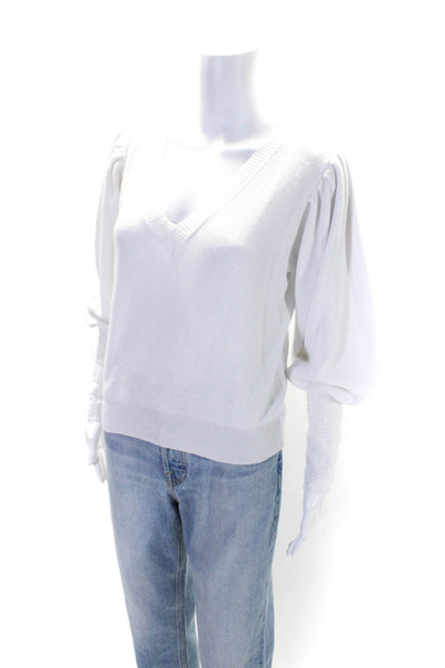 Anne Fernandes Womens Long Sleeve V Neck Ribbed Knit Sweatshirt White Medium