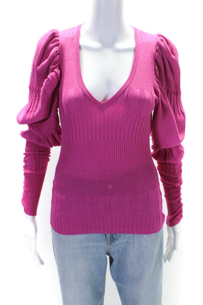 Anne Fernandes Womens Puff Sleeve Metallic Ribbed Knit V Neck Top Pink Medium