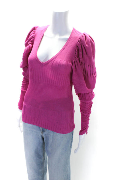 Anne Fernandes Womens Puff Sleeve Metallic Ribbed Knit V Neck Top Pink Medium