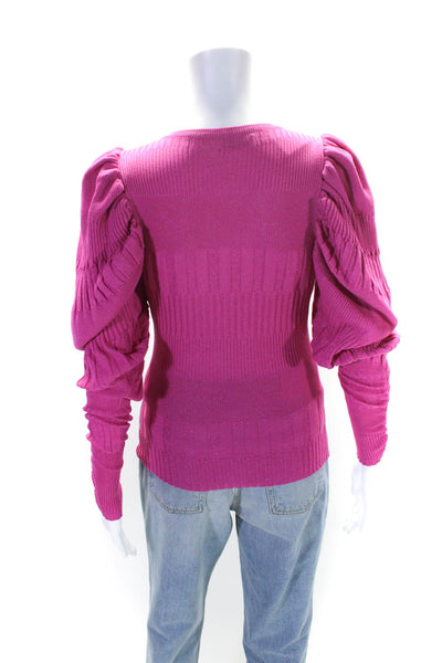 Anne Fernandes Womens Puff Sleeve Metallic Ribbed Knit V Neck Top Pink Medium