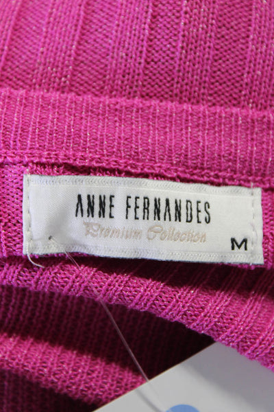 Anne Fernandes Womens Puff Sleeve Metallic Ribbed Knit V Neck Top Pink Medium