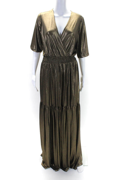 Iorane Womens Short Sleeve V Neck Shimmer Metallic Maxi Dress Brown Size XL