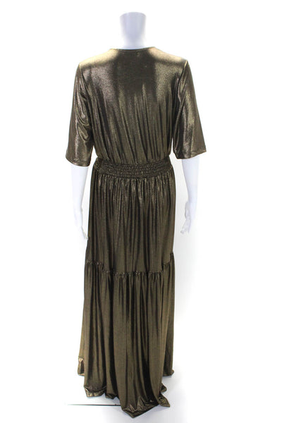 Iorane Womens Short Sleeve V Neck Shimmer Metallic Maxi Dress Brown Size XL