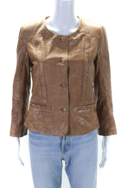 Bully Womens Leather Woven Textured Darted Buttoned Jacket Brown Size EUR44