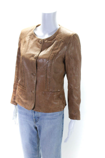 Bully Womens Leather Woven Textured Darted Buttoned Jacket Brown Size EUR44