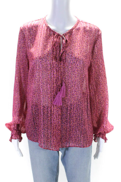 10 Crosby Derek Lam Womens Metallic Floral Tie Flounce Sleeve Blouse Pink Size 6