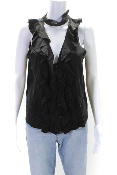 Roi Womens Silk Ruffled Scoop Neck Snap Buttoned Tank Top Blouse Black Size S