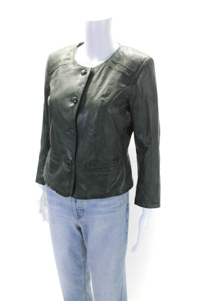 Bully Womens Leather Textured Woven Buttoned Darted Jacket Green Size EUR44