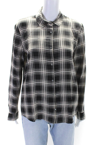 The Kooples Womens Silk Plaid Print Buttoned Collared Blouse Top Black Size S