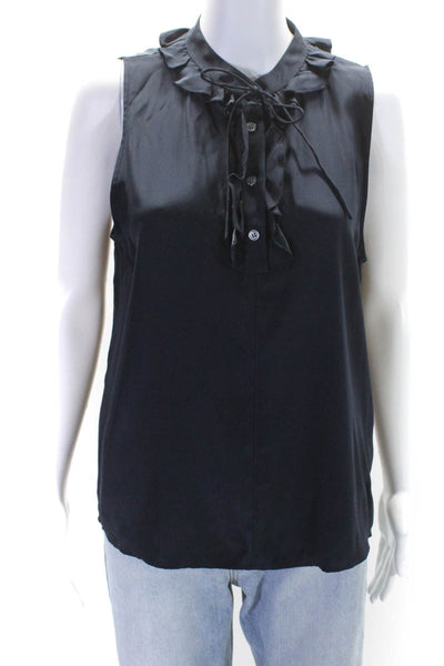 Frame Womens Silk Ruffled Round Neck Buttoned Tied Blouse Top Navy Size M