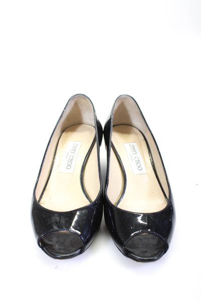 Jimmy Choo Womens Patent Leather Peep Toe Low Wedge Heel Pumps Black Size 6US