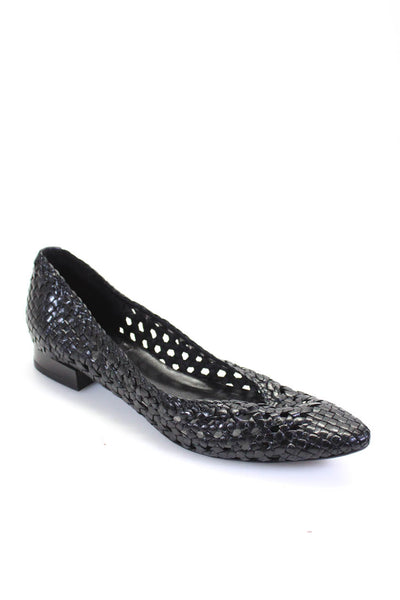 Aquatalia Womens Leather Woven Pointed Toe Low Heel Slip On Flats Black Size 6