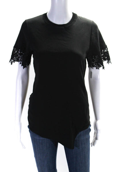 Elie Tahari Womens Black Lace Trim Crew Neck Short Sleeve Blouse Top Size S