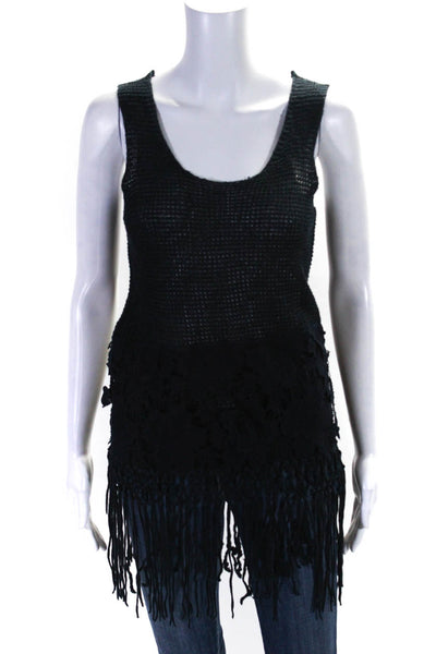 Elie Tahari Womens Navy Open Knit Scoop Neck Floral Fringe Tank Top Size S