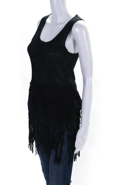 Elie Tahari Womens Navy Open Knit Scoop Neck Floral Fringe Tank Top Size S