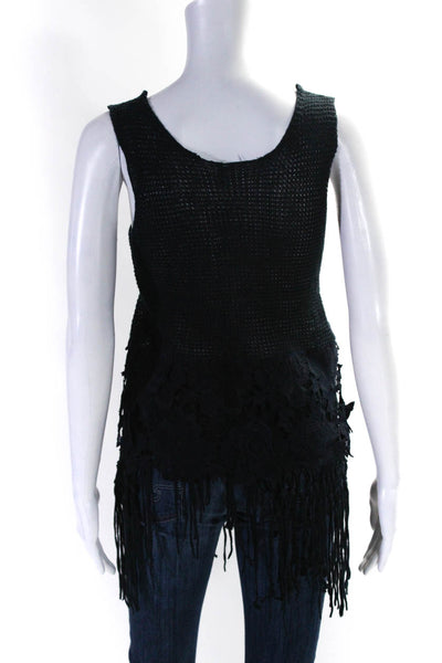 Elie Tahari Womens Navy Open Knit Scoop Neck Floral Fringe Tank Top Size S