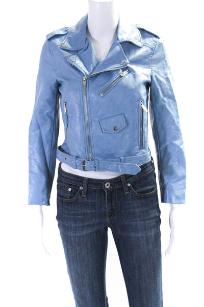 Zara Womens Faux Leather Zipped Buckled Collared Motorcycle Jacket Blue Size S