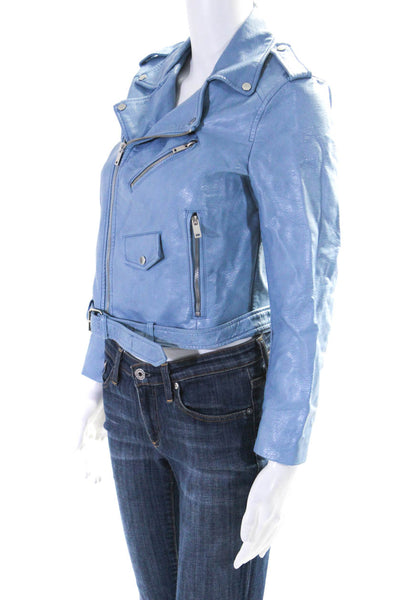 Zara Womens Faux Leather Zipped Buckled Collared Motorcycle Jacket Blue Size S