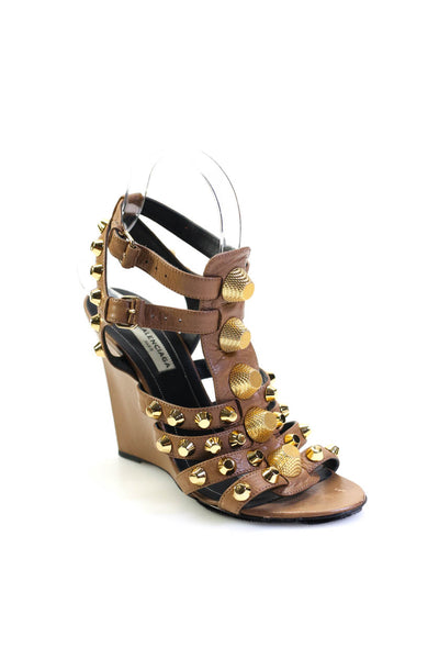 Balenciaga Womens Studded Strappy Wedge Sandals Brown Leather Size 36 6