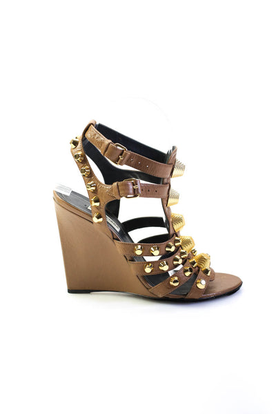 Balenciaga Womens Studded Strappy Wedge Sandals Brown Leather Size 36 6