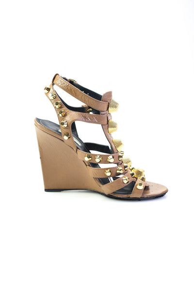 Balenciaga Womens Studded Strappy Wedge Sandals Brown Leather Size 36 6