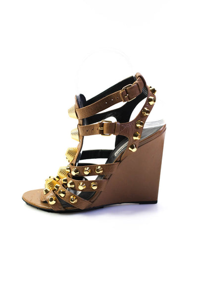 Balenciaga Womens Studded Strappy Wedge Sandals Brown Leather Size 36 6